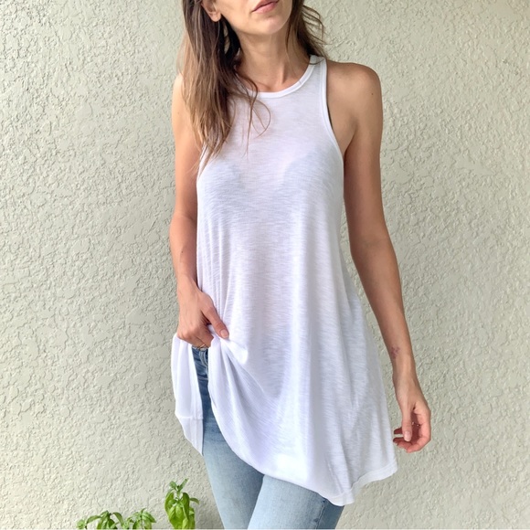 Free People Tops - Free People Beach White Long Tunic Racerback Tank Ribbed Raw Hem Small S